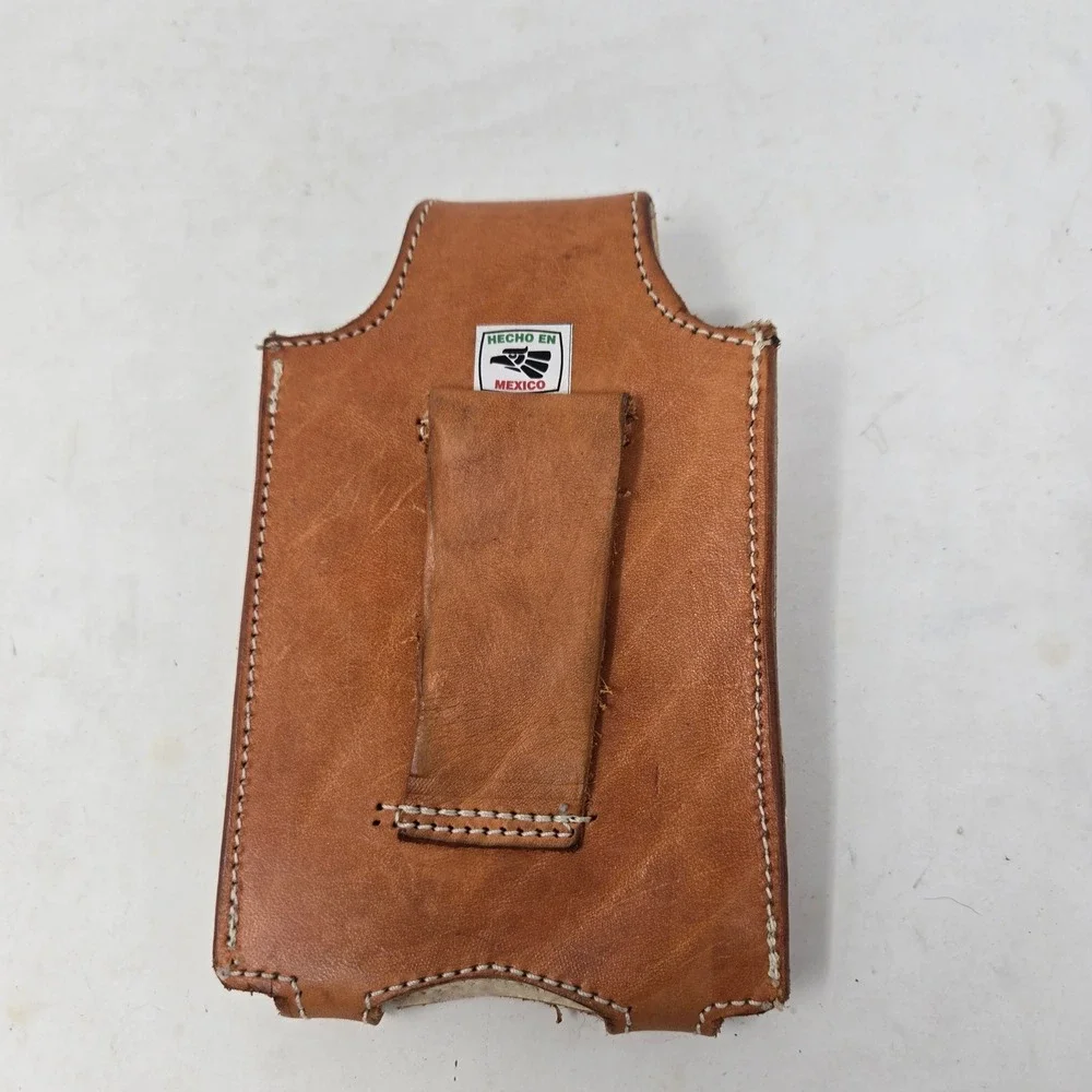 Vintage Hecho En Mexico Tan Leather Belt Cell Phone Holster Pouch DiamondCutout